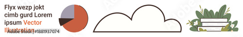 Data analysis, education, nature, weather forecasting, sustainability, minimal design. Collection of a pie chart, cloud outline and books with plants. Data visualization and education concepts