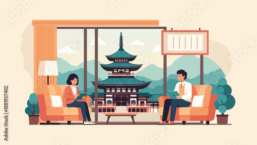 Two people relax on sofas inside with a Japanese pagoda view
