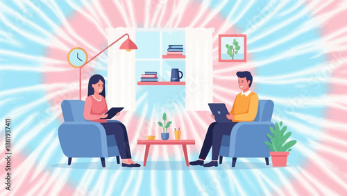 Two people sit in chairs in a room with pink and blue abstract background