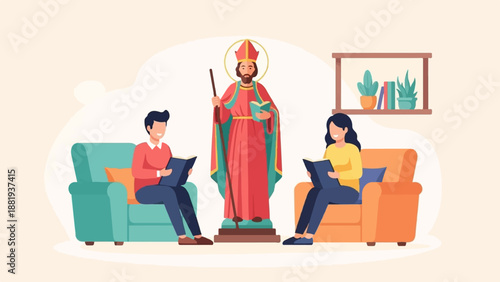 Two people relax on sofas reading books near a religious statue