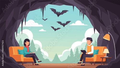 Two people sit in chairs inside a cave with bats flying overhead