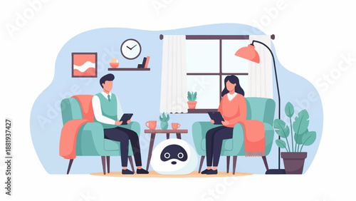 Two people sit in chairs using tablets with a robot below