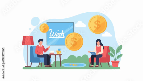 Two people discuss finances while gold coins and a "Wish" sign float around them