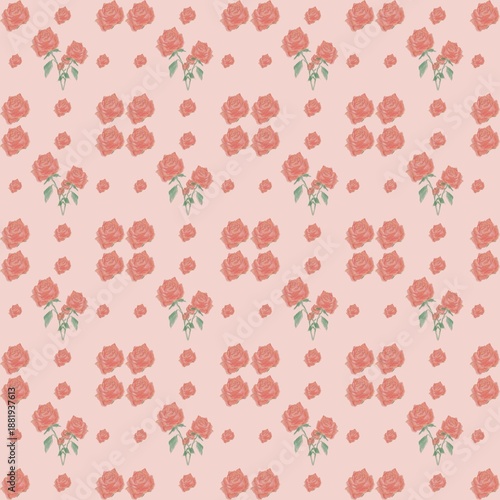 Cute floral vintage print of pink small piony roses flower with green leaves