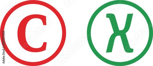Red Copyright Symbol And Green Cross Symbol In Circles vector illustration