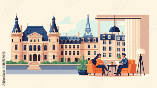 Two people converse in an apartment overlooking Parisian architecture and the Eiffel Tower