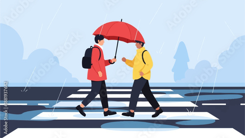 Two people cross a wet street under a red umbrella in the rain