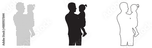 Emotive Silhouette of Adult Holding Child in Dot Grid, Solid Fill, and Outline Styles for Versatile Visual Use