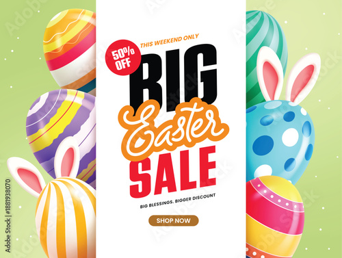 A promotional banner for a big Easter sale featuring colorful patterned eggs, bunny ears, and a fifty percent discount offer on a light green background.