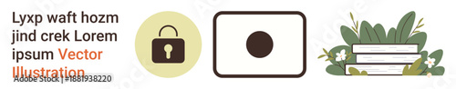 Online security, education, data storage, minimalism, modern icons, creative designs. Padlock symbol, square icon books with plants. Online security and education concept