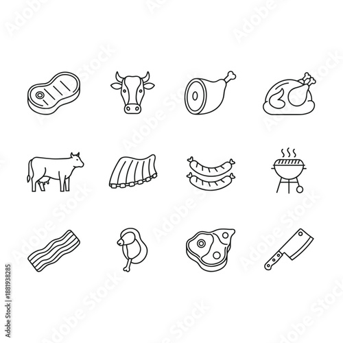 Meat line icon set featuring steak, beef cow, ham, roast chicken, ribs, sausages, bbq grill, bacon, pork chop, and butcher cleaver. thin line vector art.