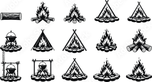 Campfire and bonfire silhouette collection, camping fire icons set, outdoor cooking and survival campfire vector illustration design branding rustic adventure nature lifestyle