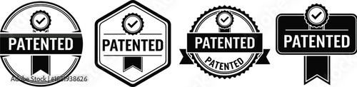 Set of Four Black Patented Stamp and Seal Icons with Checkmarks badge