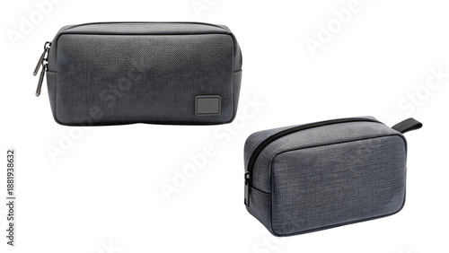 Two views of a rectangular, zippered toiletry bag in a dark gray woven fabric, featuring a small square accent