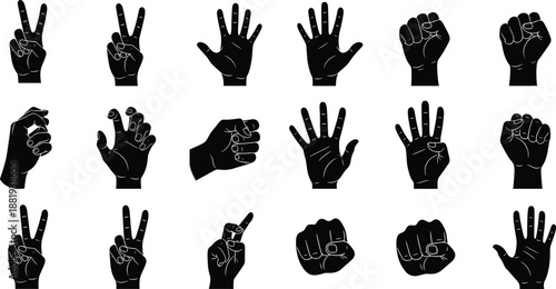 Hand gestures silhouette vector set, black human hands illustration, finger counting and fist signs collection, isolated icons for communication design