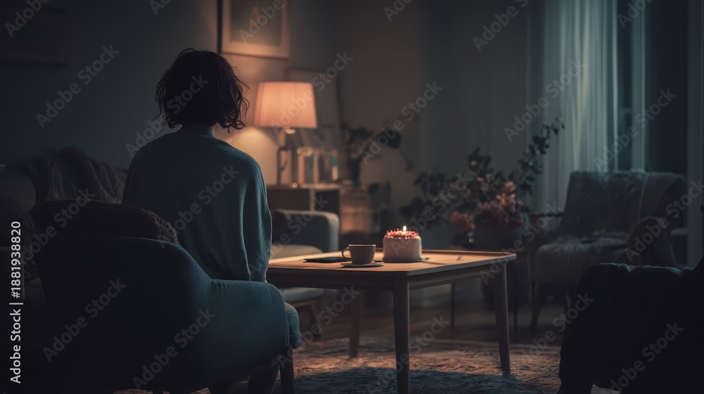 Fototapeta premium Lonely birthday moment at home: solitary woman with cake in a dim living room