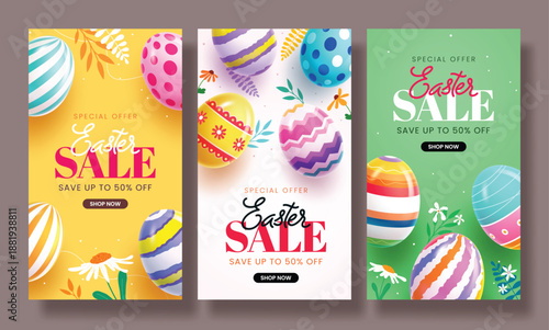 A set of three vertical social media story templates for an Easter sale featuring colorful eggs, floral elements, and a fifty percent off discount message.
