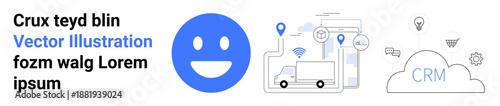Logistics, customer management, CRM, technology connection, fleet tracking, user interface. happy face, trucks pins cloud and CRM icons. Logistics and customer management concept