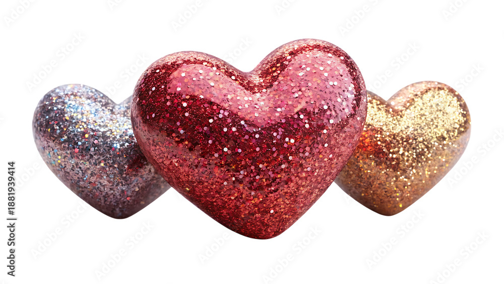 Fototapeta premium Three Glitter Hearts in Pink Gold and Red