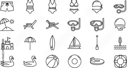Summer Beach and Water Activity Icons Set with Swimwear and Accessories vacation holiday