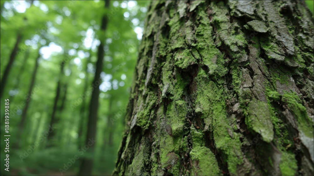 Obraz premium Close-up of ancient oak tree bark covered in vibrant green moss in a lush forest