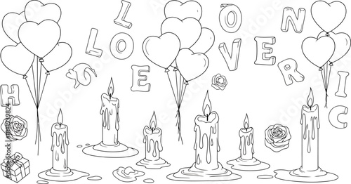 Festive Romance Line Art Set with Heart Shaped Balloons, Melting Candles, Roses, and Gifts for Valentine Day Coloring Pages