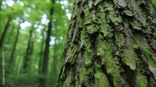 Close-up of ancient oak tree bark covered in vibrant green moss in a lush forest