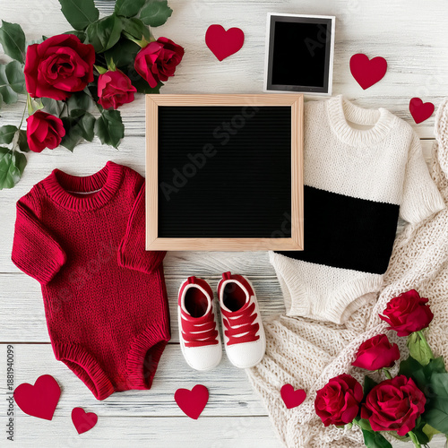 Valentine Pregnancy Announcement Flat Lay With Baby Clothes
