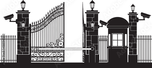 Secure gated entrance with surveillance cameras and guard house in black and white illustration for security and safety concepts