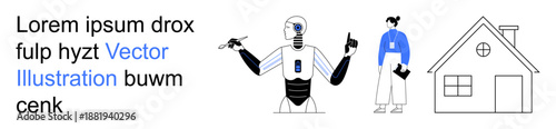 Artificial intelligence, robotics, home automation, smart technology, future lifestyle, innovation. Robotic figure with tools, person and house. Artificial intelligence and robotics highlighted