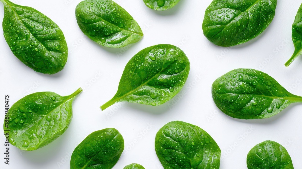 Obraz premium Crisp green spinach on a white backdrop with bright studio lighting