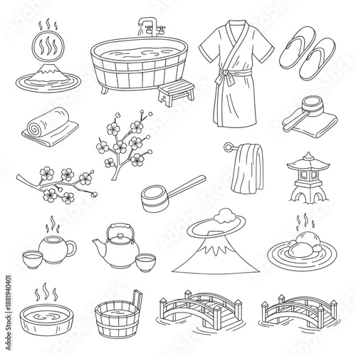 Japanese onsen and bath culture line icon set. Traditional spa elements including hot springs, wooden tubs, yukata, tea, and fuji mountain. Vector illustration.