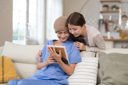 A cancer patient receiving compassionate care and emotional support from a loved one, finding hope and comfort in a moment of embrace during treatment and recovery