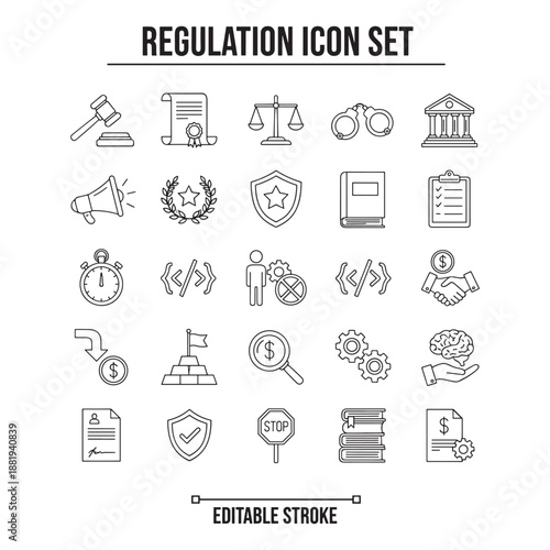 Regulation and compliance line icon set. Elements for legal policy, government standards, business rules, and official law. Vector illustration.