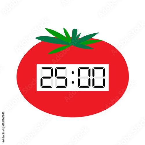 時間管理を象徴するトマト型タイマーと25分のデジタル表示イラスト