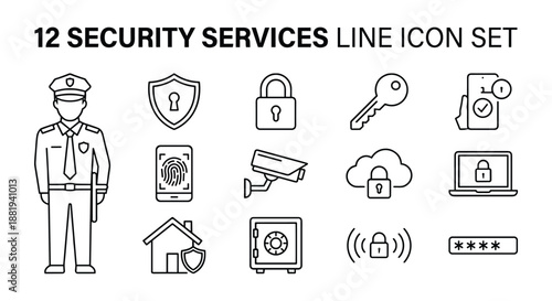 Security services and professional protection line icon set. Elements for guards, alarm systems, monitoring, safety equipment, and patrol. Vector illustration.
