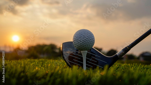 Canvastavla Golf clubs and balls on a green lawn in a beautiful golf course with morning sunshine