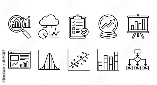 Statistics and data analysis line icon set. Elements for financial charts, business reports, market research, and analytics. Vector illustration. Editable stroke.