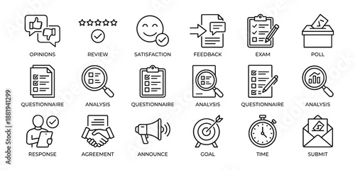 Survey line editable icon set featuring customer feedback forms, research questionnaires, rating scales, and data collection process vector illustrations.