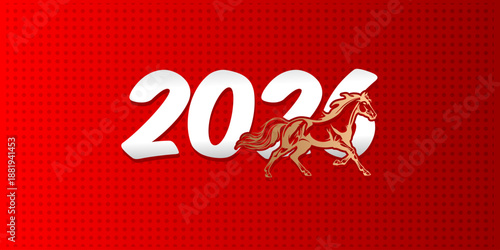 Artistic Golden Horse Illustration with Year 2026 on Red Background