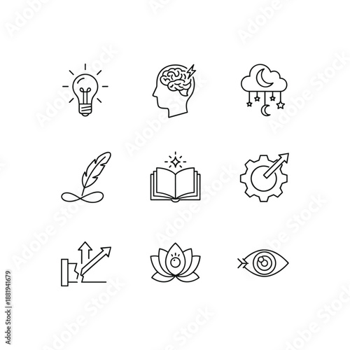 Inspiration and creativity icon set featuring idea, imagination, muse, epiphany, innovation, drive, enlightenment, and vision. thin line vector design elements.