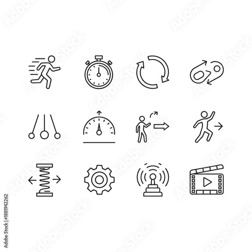 Motion icon set featuring running person, stopwatch, refresh cycle, momentum, speedometer, progress, gear mechanism, and video clapperboard. thin line vector art.