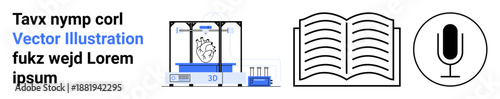 Technology, education, communication, creativity, innovation, design. 3D printer with heart object, an open book microphone icon. Technology and education