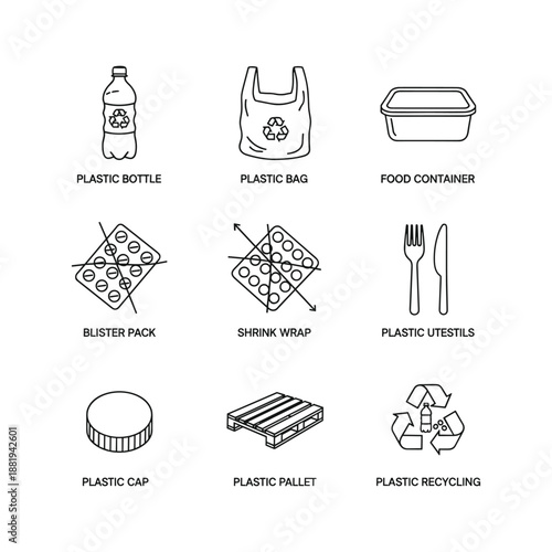Plastic product and package line icon set. Elements for bottles, bags, containers, recycling, and synthetic material. Vector illustration. Editable stroke.