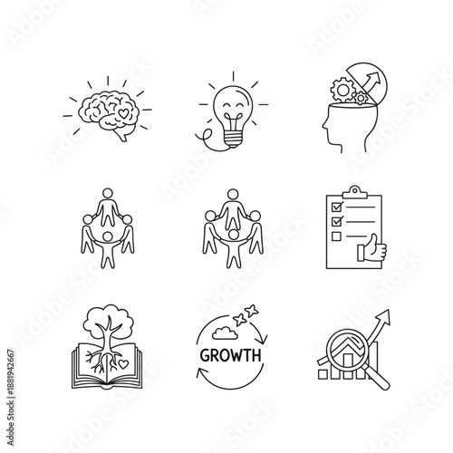 Positive thinking and mental health line icon set. Elements for optimism, motivation, growth mindset, happiness, and mindfulness. Vector illustration.