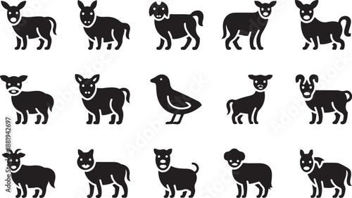 A diverse collection of black silhouette icons representing various farm animals and a bird