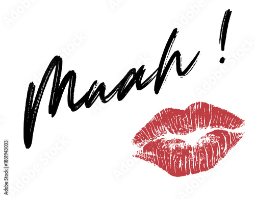 Handwritten Grunge Brush Lettering with Red Woman Lips.Red lips with muah
