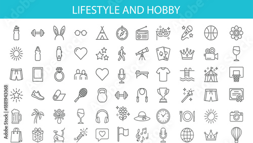Outline lifestyle and hobby icon set featuring sports, travel, entertainment, health, celebration, food, and leisure symbols in modern minimal line style for web and app design