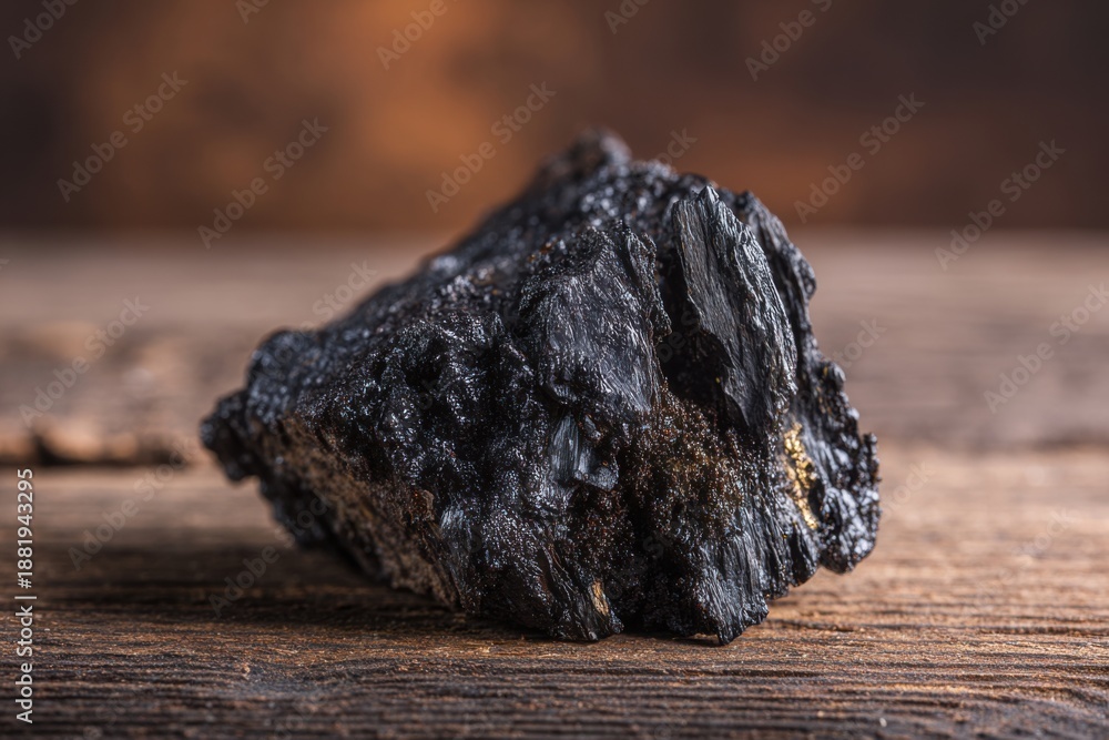 Fototapeta premium Close-up of dark shilajit resin on wooden surface highlighting natural health supplement