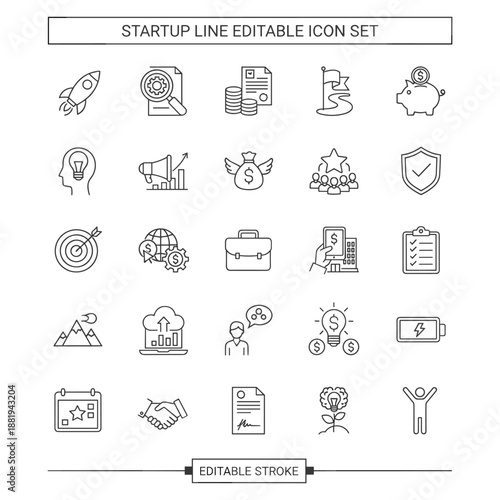 Startup and new project launch line icon set. Elements for venture capital, seed funding, tech innovation, and business beginning. Vector illustration. Editable stroke.